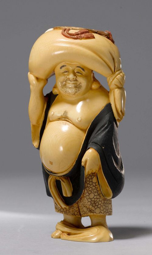 A CARVED IVORY FIGURE OF HOTEI WITH HIS SACK ON HIS HEAD. Japan, 1st half of the 20th c. Height 15.5 cm. Painted in parts. Marked: Yoshiyama.
