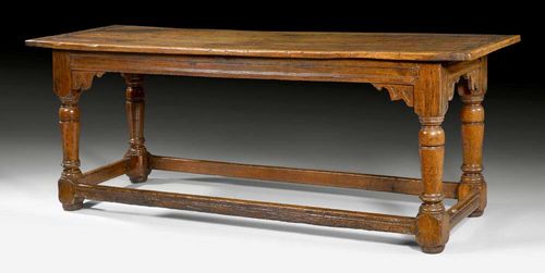 REFECTORY TABLE, Queen Anne, England circa 1640. Shaped oak. 214x73x80 cm. Provenance: - Fröhlich, St. Gallen. - Zurich private collection.