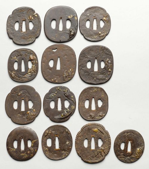 THIRTEEN IRON TSUBA SHOWING FIGURATIVE SCENES HEIGHTENED WITH GOLD, SILVER OR BRONZE. Japan, Edo period, Diameters 7.2-8.3 cm. Some signed. (13)
