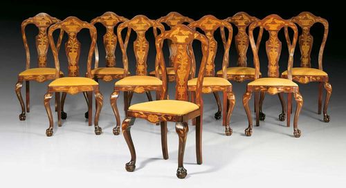 SET OF 10 CHAIRS,Late Baroque, Netherlands, 19th century Mahogany and various precious woods richly inlaid with birds, flowers, leaves and frieze. The chairs with front paw feet and back sabre legs. With orange fabric covered cushion. 50x52x48x105 cm. Provenance: Private collection Zurich.