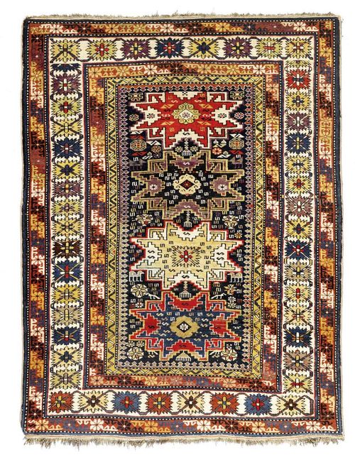 SHIRVAN antique.Black central field with four star-shaped medallions, stepped border, good condition, 145x107 cm.