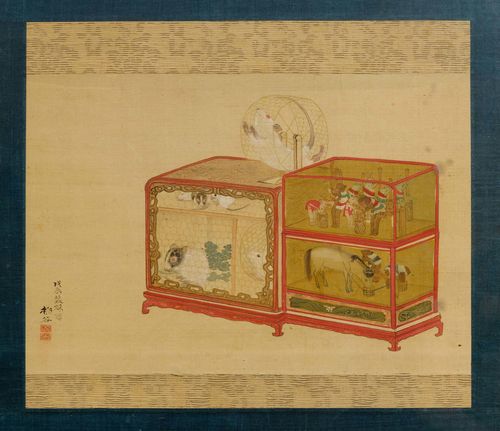 A PAINTING OF TOY ANIMALS IN A CASE ALONGSIDE A CAGE WITH PET RATS. Japan, 19th c. 24.5x35.5 cm. Ink and colours on silk. Signed "Takuya", two seals. Framed under glass.