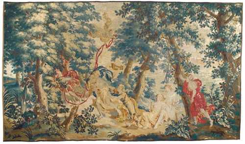 TAPESTRY DEPICTING L'ENLEVEMENT D'ADONIS PAR VENUS",Louis XIV, after drawings by J. or P. IJKENS (Jan Ijkens, 1613-1679, Pieter Ijkens, 1648-1695) and P. SPIERINCKX (Pieter Spierinckx, 1635-1711), Flemish (Bussels, Audenarde or Antwerp) circa 1700. Depicting the abduction of Adonis by Venus. H 246 cm, W 431 cm. Provenance: - formerly collection of  Jürg Stuker, Altes Schloss Gerzensee. - Stuker auction Bern 28.10.1989 (Lot  2384). - private collection, Switzerland An exceptionally fine tapestry with strong and well-conserved colours.