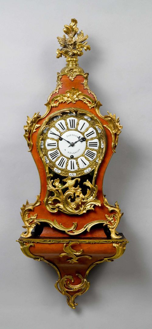 PAINTED CLOCK ON PLINTH,Louis XV, France, 18th century. The movement and dial signed JOFFROY À BESANCON. Curved, wooden case, painted red and with opulent bronze applications designed as flowers, leaves, rocailles and a bird. Bronze dial with white enamel cartouches. Movement with verge escapement string the 3/4-bells. H 123 cm. Painting, later. Bronze, in part later.