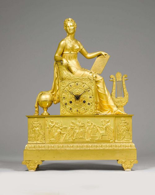 MANTEL CLOCK,Empire, Paris. Gilt bronze. Rectangular with a seated female figure, probably the Allegory of Astronomy. On  a rectangular plinth with volute feet. Bronze dial. Parisian movement striking the 1/2-hour on bell. H 50 cm. Mount of the movement, altered. Provenance: - from a Zurich private collection.