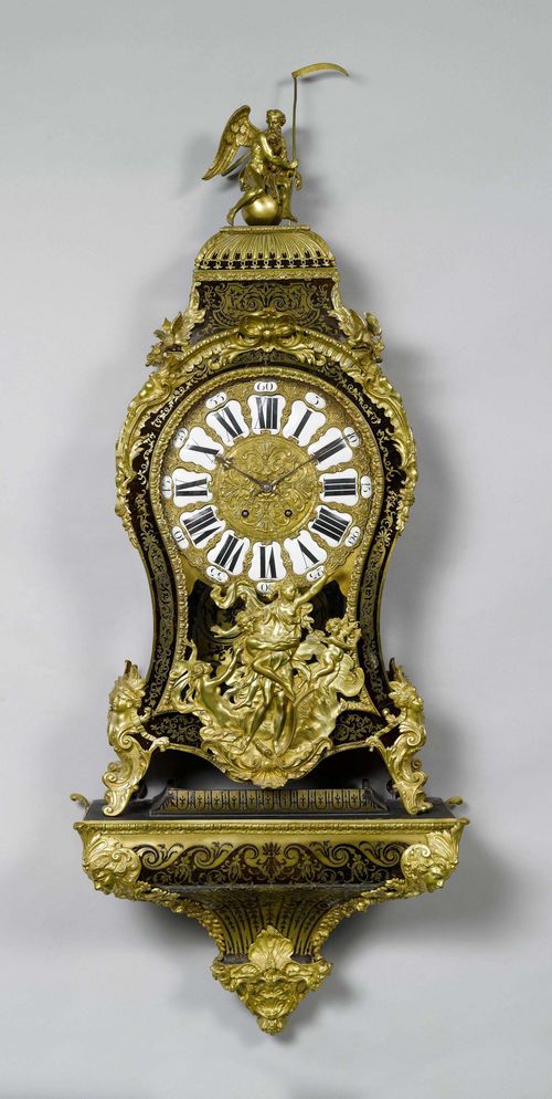LARGE BOULLE CLOCK ON PLINTH,Napoleon III, in the Regence style, Paris, 19th century. Curved, wooden case, decorated with brown tortoiseshell and Boulle marquetry. Opulent bronze mounts designed as rocailles, female busts, winged angel heads, dragons and a mythological scene. The top with a figure of Chronos. Bronze dial with white enamel cartouches. Movement with anchor escapement striking the 1/2-hour on bell. H 168 cm. Movement requires revision.