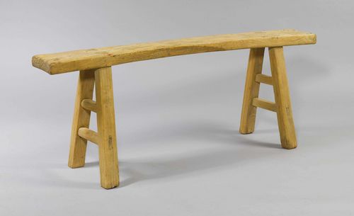 BENCH,in the rustic style. Hardwood. Rectangular seat, inclined legs. L142 cm.