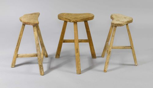 3 STOOLS,in the rustic style. Hardwood. Half-round seat.