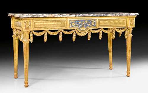 PAINTED CONSOLE "AUX GUIRLANDES",Louis XVI, from a Roman master workshop, circa 1770. Pierced and finely carved wood with garlands, wave band, beading and leaves, painted in blue and gilded. The top in white/ochre/grey speckled marble top. Verso with old label. 159x86x69 cm.