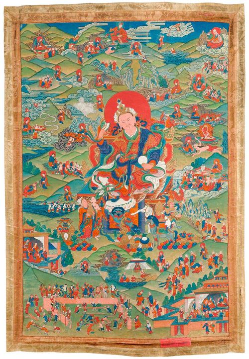 A VERY NARRATIVE THANGKA OF PADMASAMBHAVA IN HIS GUISE AS GURU PADMA GYALPO. Tibet, 18th c. 88x58 cm.