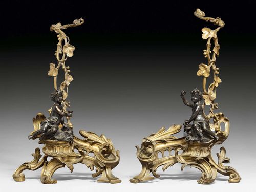 A PAIR OF FIREPLACE CHENETS "AUX BACCHANTES",