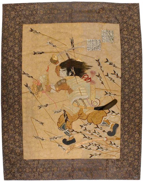 JAPANESE EMBROIDERY antique.Beige central field with samurai in battle, dark border with gold coloured flowers, good condition, 220x175 cm.