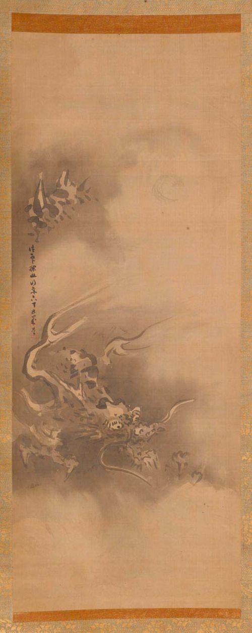 A PAIR OF KAKEMONO OF FLYING DRAGONS BY KANÔ TAN'YÛ. 194x54.5 cm each. Ink on silk. According to the wooden box these scrolls have been presented as a gift by the duke of Echizen Sakai Tadayuki in 1824.