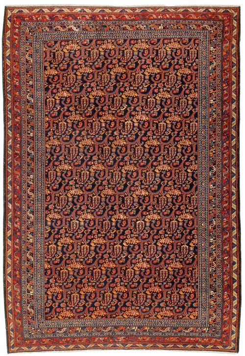 MALAYER antique.Dark blue central field, finely patterned throughout with floral and boteh motifs in delicate shades of pink, quintuple stepped border, good condition, 180x120 cm.