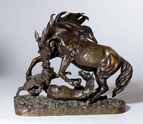 Attributed to FRATIN, CHRISTOPHE (1801 - 1864). Bronze with brown patina. A wolf fighting 2 horses. The base signed "Daubrée Editeurs". H 30 cm. Provenance: - from a private collection, Geneva.