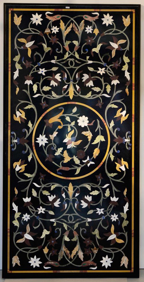 PIETRA DURA TOP, modern. Black marble. Rectangular, decorated with flowers and tendrils. 180x90cm.