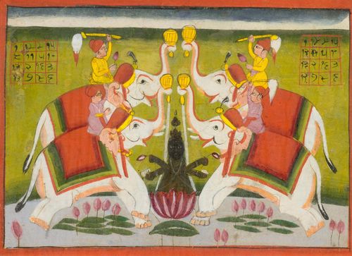 AN IMAGE OF GAJA LAKSHMI DOUSED BY ELEPHANTS. India, Rajasthan, 19th c., 12x17.8 cm. Coloured pigment on paper. Framed under glass. Swiss private collection since 1978.