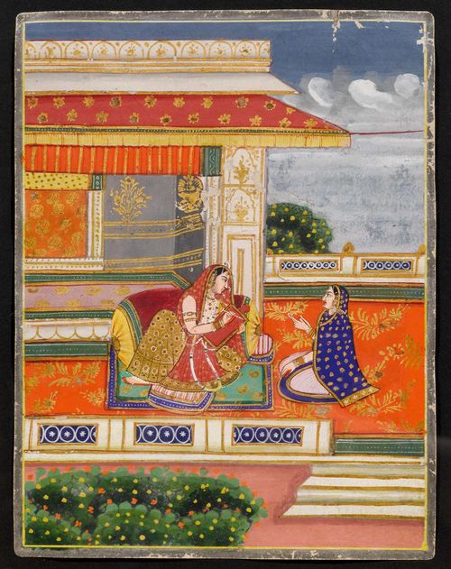A MINIATURE OF A PRINCESS AND COMPANION ON A TERRACE. India, Jaipur, 19th c., 18x13,5 cm. Colours and gold on paper. Minor damage. Framed under glass. Acquired at Koller Auktionen, A46 Lot 263 (1981).