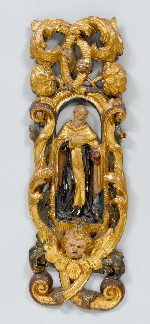 PAIR OF CARVED CARTOUCHES WITH DEPICTIONS OF SAINTS,Late Baroque, Italy, 18th/19th century. Pierced and carved wood, with foliate scrolls and angel’s head and figure of a saint. H 77 cm. 1 repaired.