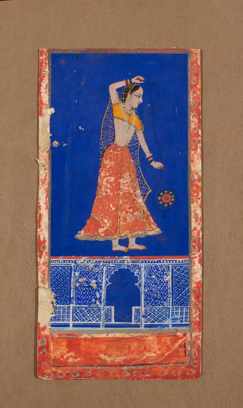 A MINIATURE PAINTING OF A LADY PLAYING WITH A YO-YO. India, Rajasthan, late 19th c., 23x11.5 cm. Colours on paper. Some damage and restoration.