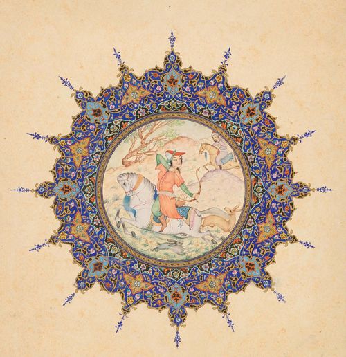 TWO MINIATURE PAINTINGS. Persia, Qajar, 19th/20th c., 21x13.7 cm and diameter 22 cm. a) Colour and gold on paper. b) Gouache, ink and gold on paperboard. (2)