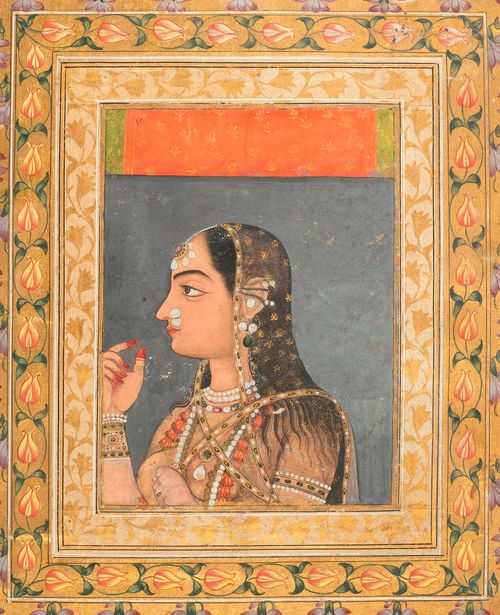 A PORTRAIT OF A YOUNG LADY FROM AN ALBUM. India, Mughal, early 18th c. 14.7x10.8 cm, album leaf 35.7x22.3 cm.