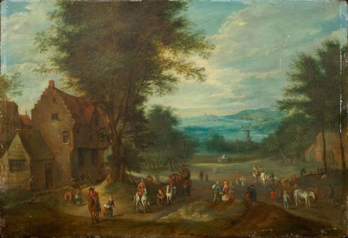 Follower of BREDAEL, JOSEPH VAN (Antwerp 1688 - 1739 Paris) A broad landscape with figures on a country road. Oil on copper. 26 x 37.5 cm. Provenance: - Purchased in Dublin 1.12.1875 (label verso). - Collection of Dr. Walter and Booppa Goor