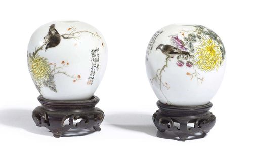 A PAIR OF SMALL OVOID VASES WITH CHRYSANTHEMUM DESIGN. China, Republic, dated to 1936, height 7.2 cm. Mark: Nanchang jinhua cishe. Purchased before 1946.
