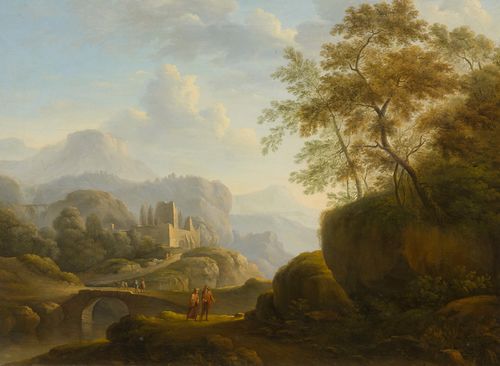 GERMANY, CIRCA 1780-90 Pair of works: Broad landscapes with figures. Oil on canvas. Each 64.5 x 86 cm. Provenance: Swiss private collection.