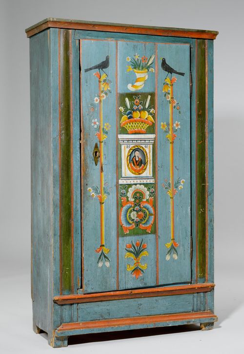 PAINTED CUPBOARD,Untermünkheim, Johann Michael Rössler, dated 1840. Pinewood, painted with flowers, birds, a fruit basket, a cornucopia filled with flowers, and a young woman in an oval medallion on a blue ground. Rectangular cupboard with one door. Brass escutcheon (damaged). 107x44x184 cm. Lock removed. Shelves, in part later.
