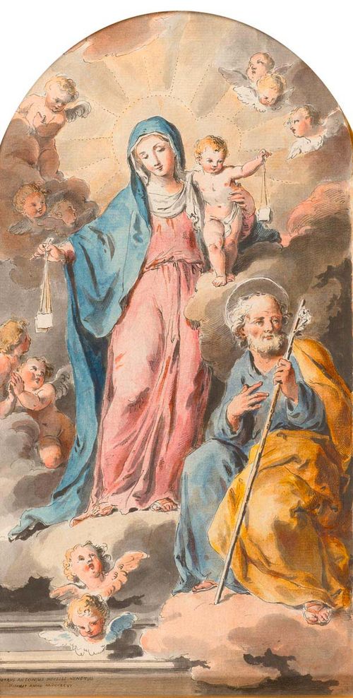 NOVELLI, PIETRO ANTONIO (1729 Venice 1804) The Holy Family. Grey pen, watercolour. Signed and dated on lower left in grey pen: Petrus Antonius Novelli Venetus Pinxit anno MDCCXCVI. 47.5 x 25 cm (upper corners rounded). Framed.