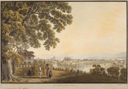 ZURICH.-Johann Jakob Biedermann (1763-1830). Vue de la ville de Zurich. Outline etching with original colour, 39 x 59 cm. Black pen outer line. The lower text band somewhat cut. Slightly creased and with minor browning. The lower margin somewhat foxed.