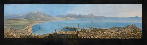 ITALY - NAPLES.-Anonymous, 19th century. Panorama of Naples. Outline etching with original colour, 34.5 x 99 cm (image). With broad margins gouached in black. Titled in gold letters in the centre below the image: Napoli. Old gold frame.
