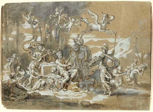 ITALIAN, 18TH CENTURY.Mythological landscape with satyrs and Maenads, with Apollo playing the Kithara and with Pallas Athene. Brown and black pen, grey brush, heightened with white. 21 x 28.5 cm. Framed. – With two unidentified collectors‘ stamps lower right.
