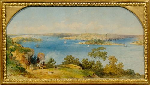 JERRY, F. (active 19th century).The Sydney coastline. Watercolour over pencil, 19.5 x 35.5 cm (image). Signed lower left: FJerry st. Framed.
