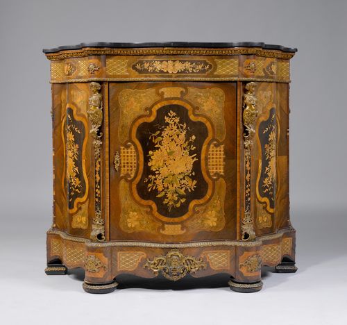 HALF-HEIGHT CABINET,Napoleon III, 19th century. Walnut, rosewood, tulipwood, ebony and tinted woods opulently inlaid with lozenges, flowers, bouquets of flowers and reserves. Curved body on round feet. Bronze mounts designed as friezes and caryatids. Black marble top, not original. 128x50x114 cm. 1 key. Some losses in the veneer.