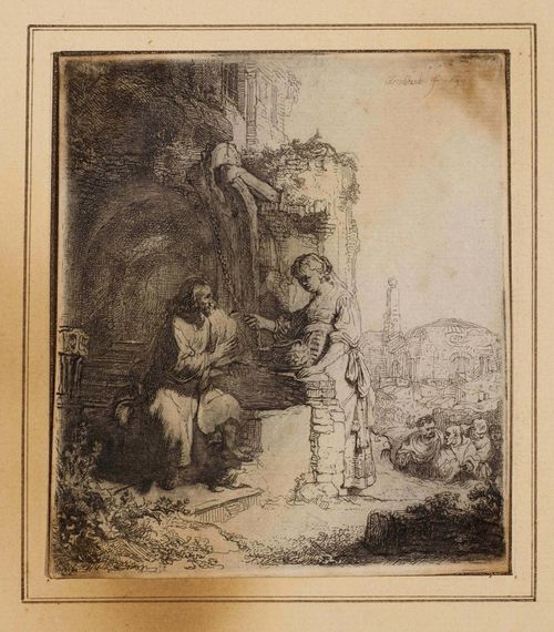 REMBRANDT, HARMENSZ VAN RIJN ( Leiden 1606 - 1669 Amsterdam).Christus und die Samariterin zwischen Ruinen, 1634. (Christ and the Samaritan woman). Etching, 12.2 x 10.6 cm. Bartsch 71; Nowell-Usticke 71 probably IV (of IV). – With a fine margin around most of the plate edge. With heavier browning on the upper right and lower left corners, the other two corners with light browning. From the collection of the Marquis and Marquise de Amodio y Moya, Hôtel particulier, 93 rue de l'Université, Paris (formerly La Rochefoucauld).