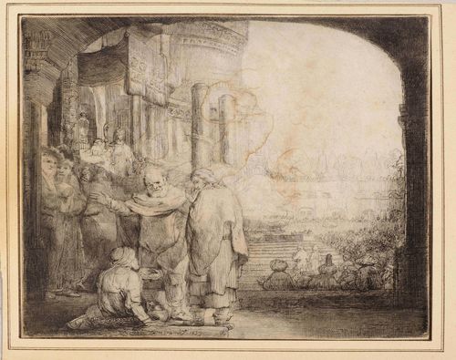 REMBRANDT, HARMENSZ VAN RIJN ( Leiden 1606 - 1669 Amsterdam).Petrus und Johannes heilen die Lahmen an der Pforte des Tempels, 1659. (Peter and John heal the lame at the gate of the temple). Drypoint with burin, 17.9 x 21.5 cm. Bartsch 94; Nowell-Usticke 94 probably IV (of VI). – A somewhat weaker impression, with fine margin around part of the plate edge, and partly trimmed to the plate edge. With traces of water staining in the centre of the image. Overall in good condition. From the collection of the Marquis and Marquise de Amodio y Moya, Hôtel particulier, 93 rue de l'Université, Paris (formerly La Rochefoucauld).