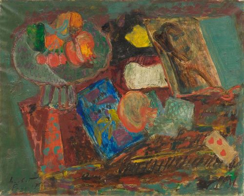 HERBST, ADOLF (Emmen 1909 - 1983 Zurich) Still life with fruit and a book. 1951. Oil on canvas. Signed, inscribed and dated lower left: herbst Paris 1951. 50 x 61 cm.