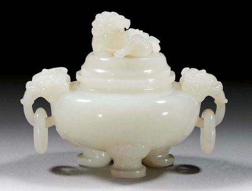INCENSE BURNER.China, H 9 cm, W. 12 cm. Slightly grained white jade. Proceeds to the Basel Zoo.