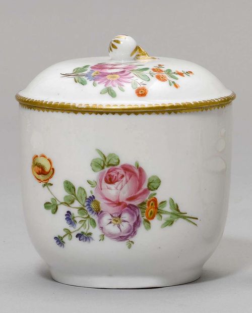 SUGAR BOWL, Paris, ca. 1790. Painted in the Sèvres style with flower bouquets and 'dentils d'or' border. Crowned CP on the bottom. H 12 cm. Gilding, partly rubbed. Provenance: - from a private collection, Geneva.