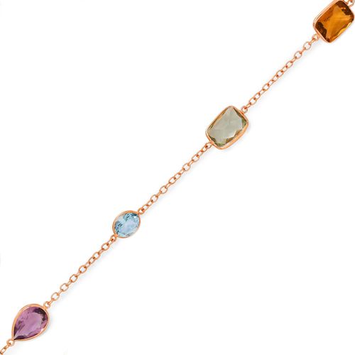 GEMSTONE SAUTOIR. Silver 925, pink gold plated. Long anchor chain set with 13 gemstones in different colours and shapes, such as rock crystal, citrine, amethyst, lemon quartz, pink quartz, topaz and ruby. L ca. 106 cm.
