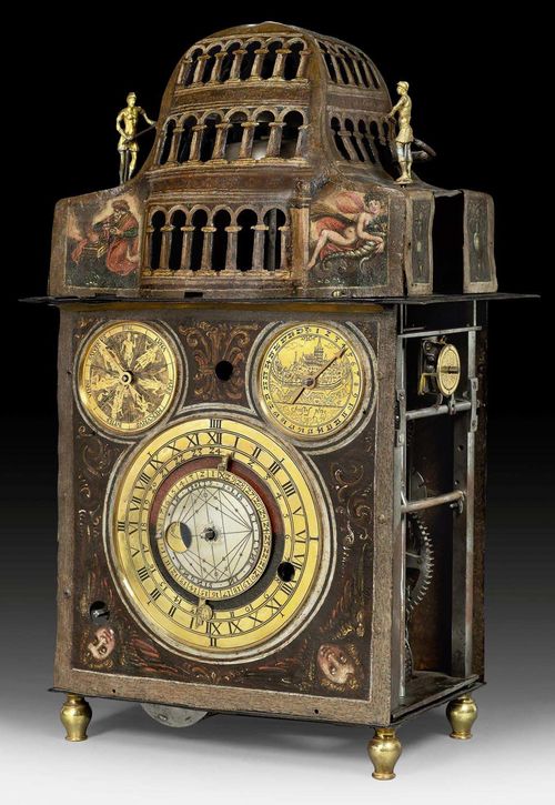 ASTRONOMICAL TABLE CLOCK, Renaissance, signed CHRISTOF PLEIG ULM (Christof Pleig, verifiable in Ulm 1575-1625), Ulm circa 1625. Finely painted iron with allegorical figures from geometry and astronomy, "memento mori", mythological figures, flower vases, putti, garlands, leaves and frieze, and engraved brass. Front with 3 finely engraved gilt brass dials. Verso - also designed to be visible- large, gilt brass dial with Roman hour and quarter hour numerals, Arab minute numerals, dates, zodiac signs, day and night lengths, and sunrise and sunset times. Iron movement with spindle escapement reworked to a pendulum escapement, and striking on 2 bells and 2 side pendulums. Restorations and alterations. 25x14x48 cm. Provenance: - From an important Swiss private collection. - Exhibition: on loan at the Ulmer Museum.