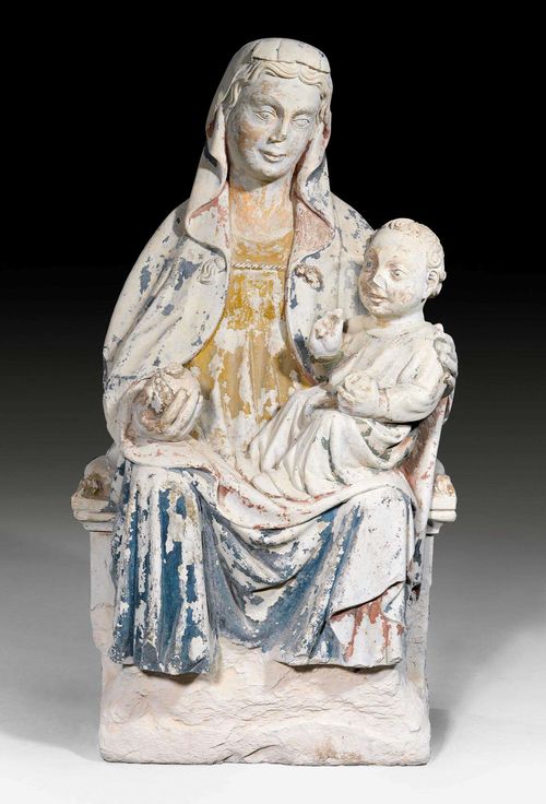 RARE ENTHRONED MARY,early Gothic, France, 14th century. Carved limestone. 92x49x33 cm. With remains of painting. The nose chipped, Mary's feet missing. Inventory number in red 158.Z.
