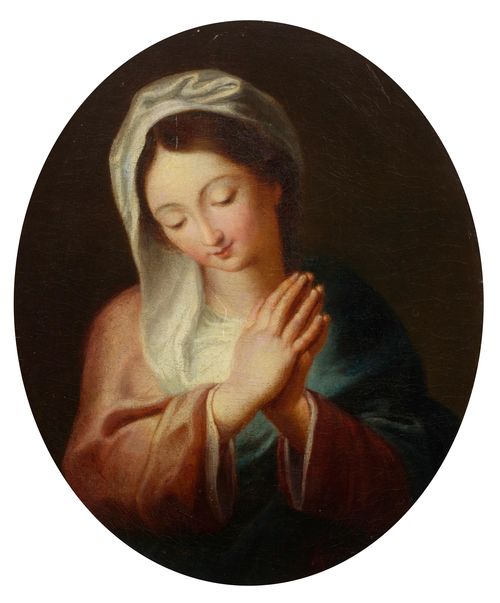 Circle of COYPEL, CHARLES-ANTOINE (1694 Paris 1752) Mary at prayer. Oil on canvas. 33.5 x 27 cm (oval).