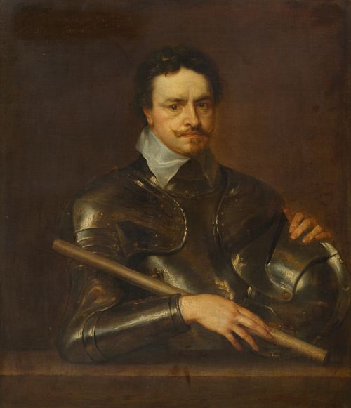Workshop of DYCK, ANTHONIS VAN (Antwerp 1599 - 1641 London) Portrait of Thomas Wentworth, Earl of Strafford. 1637. Oil on canvas. Barely legibly inscribed and dated upper left: Thomas Wentworth Comes Snafordue Pronx Hybernix 1637. 104.5 x 86.5 cm. Provenance: - Galerie Fischer, Lucerne, June  1957, Lot 2572. - Swiss private collection.