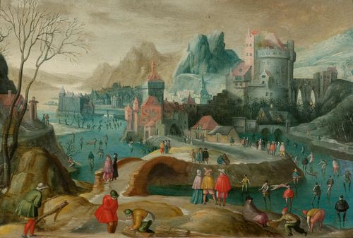 FLEMISH SCHOOL, EARLY 17TH CENTURY Fun on the ice before a town Oil on panel. 26.5 x 37 cm. Provenance: Swiss private collection for over 50 years.
