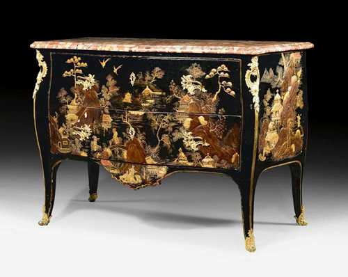 LACQUER CHEST OF DRAWERS,Louis XV, with the signature MIGEON (Pierre II Migeon, maitre 1739) and guild stamp, Paris circa 1750. Wood lacquered on all sides in "the Chinese style"; with idealised park and pagoda landscapes on a black ground. The centrally bombé front with 2 sans traverse drawers, fine matte and polished gilt bronze mounts and sabots and shaped "Brèche d'Alep" top. 120x63x84.5 cm. Provenance: - In the 19th century in the collection of Comte Jacques de Vienne, Paris. - Private collection, Australia.
