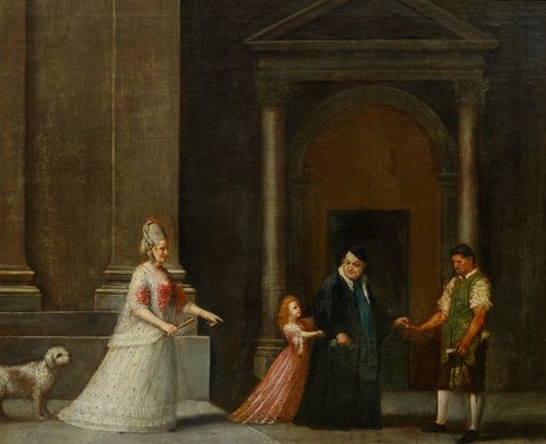 GRAMICCIA, LORENZO (Cave 1702 - 1795 Venice) Figures in a kitchen interior. Oil on canvas. 51.2 x 63.8 cm. Provenance: Swiss private collection. Prof. Lino Moretti has confirmed the authenticity of this work on the basis of a photograph.