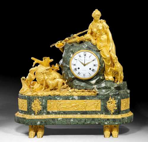IMPORTANT CLOCK "DIANE CHASSERESSE",Louis XVI, the drawing for this design probably by J.D. DUGORC (Jean Dumosthène Dugorc, active 2nd half of the 18th century), the bronzes from a Paris master workshop, probably by P.P. THOMIRE (Pierre Philippe Thomire, 1759-1843), with monogram and mark, the dial signed PHILIPE MOREL A LYON (active 1788 Rue des Augustins), verso dated 1792, Paris. Matte and polished gilt bronze and "Vert de Mer" marble. With figure of Diana with hunting dogs. The clock with enamel dial and anchor escapement striking the 1/2 hours on bell. Exceptionally rich bronze mounts and applications. 80x35x87 cm. Provenance: - E. Chappey collection, Paris. - Paris auction 29.4.1907 (Lot No.935). - Galerie Didier Aaron, Paris. - from a highly important European private collection.